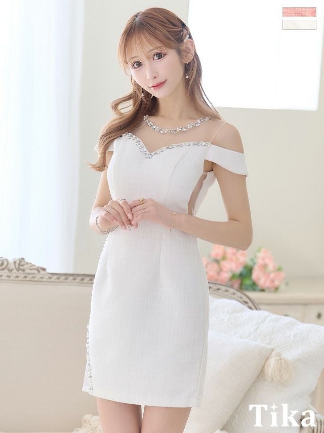 キャバドレス ミニ丈 大きいサイズ タイト キャバクラ ワンピース クラブ ラウンジ ツイード ショルダーカット