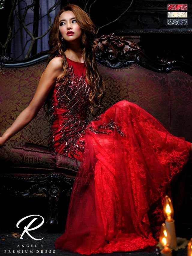 キャバドレス ロンングドレス [Angel-R/エンジェルアール] 高級ノースリーブフレアシアーレースビジューストレッチタイトロングドレス