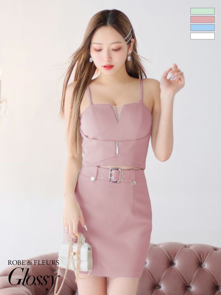 キャバドレス ブランドドレス ROBEdeFLEURSGlossy ローブドフルールグロッシー 高級ジップウエストベルトセットアップキャミソールタイトミニドレス