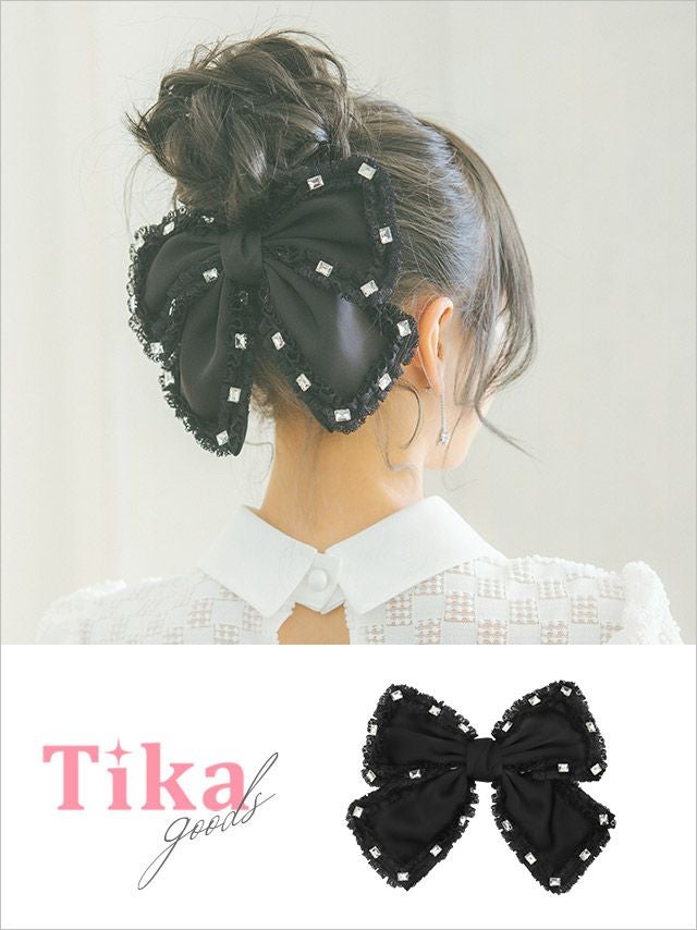 ヘアアクセ バレッタ 髪飾り ヘアアレンジ ヘアアクセサリー クリップ リボン 大きめ ガーリー 黒