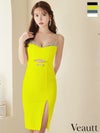 キャバドレス 膝丈ドレス　[Veautt/ヴュート] 高級バストパールビジュースパンコールウエストカットキャミソールタイト膝丈ドレス
