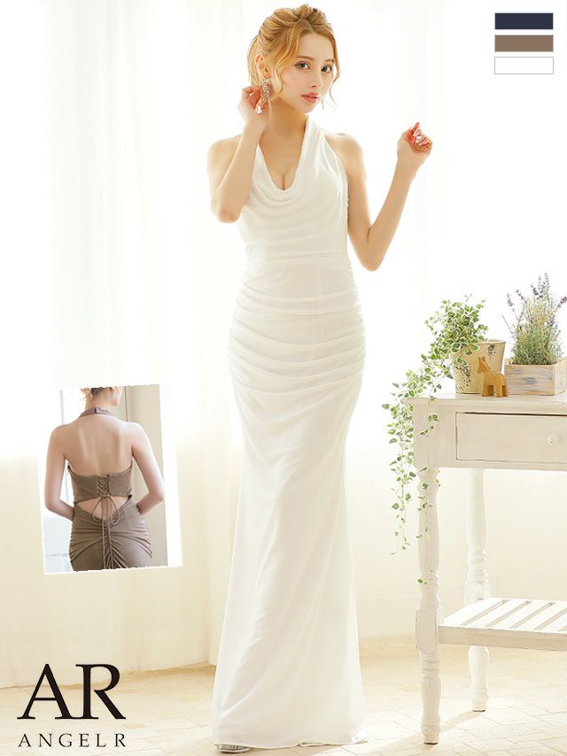 キャバドレス ロングドレス [Angel-R/エンジェルアール] 高級ドレープホルターネックバックスタイルギャザーマーメイドタイトロングドレス