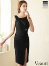 キャバドレス 膝丈ドレス [Veautt/ヴュート] 高級バストカットアシンメトリーシースルーパールリングノースリーブタイト膝丈ドレス