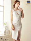 キャバドレス 膝丈ドレス [Veautt/ヴュート] 高級バストカットアシンメトリーシースルーパールリングノースリーブタイト膝丈ドレス