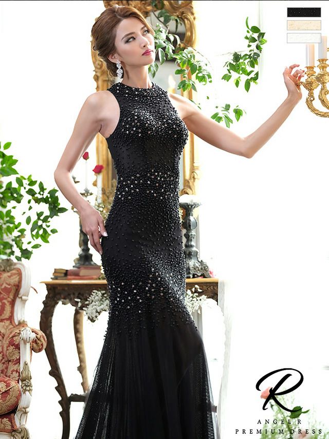 キャバドレス ロングドレス  [Angel-R/エンジェルアール] 高級ノースリーブフレアシアースパンコールビジュータイトロングドレス