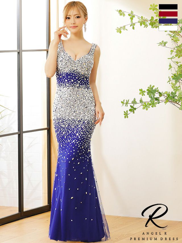 キャバドレス ロングドレス [Angel-R/エンジェルアール] 高級グラデーションスパンコールストーンビジューノースリーブマーメイドタイトロングドレス