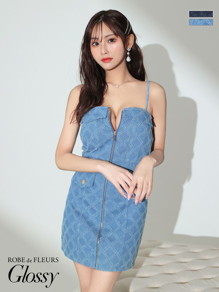 キャバドレス　ミニドレス [ROBEdeFLEURSGlossy/ローブドフルールグロッシー] 高級フロントジップデニムキャミソールゴールドボタンポケットデザインタイトミニドレス