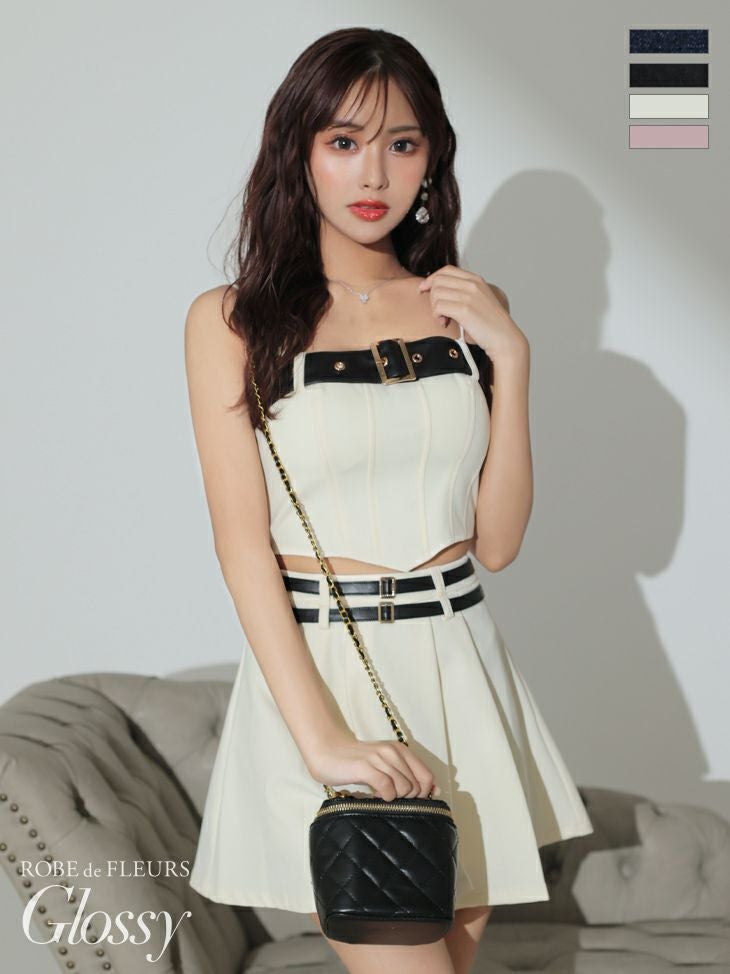 キャバドレス ミニドレス [ROBEdeFLEURSGlossy/ローブドフルールグロッシー] 高級オフショルダーバックルダブルベルト２wayデニムセットアップフレアスカートフレアミニドレス