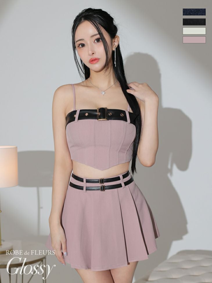 キャバドレス ミニドレス　[ROBEdeFLEURSGlossy/ローブドフルールグロッシー] 高級オフショルダーバックルダブルベルト２wayデニムセットアップフレアスカートフレアミニドレス