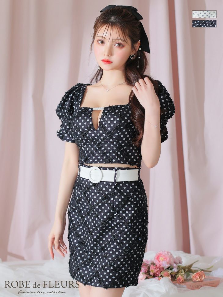 キャバドレス ミニドレス [ROBEdeFLEURS/ローブドフルール] 高級スクエアネックスパンコール半袖ベルトパフスリーブドット柄セットアップフレアミニドレス