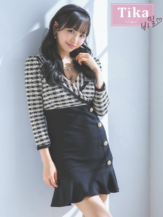 メイン画像 キャバドレス 韓国 袖あり 八部袖 テーラードカラー パイピング チェック柄 裾フリル タイトミニドレス (Sサイズ～Lサイズ) (重川茉弥/キャバドレス着用)