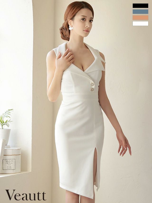 キャバドレス 膝丈ドレス [Veautt/ヴュート] 高級クロスダブルカラーノースリーブ襟デザインビジューボタンスリットタイト膝丈ドレス