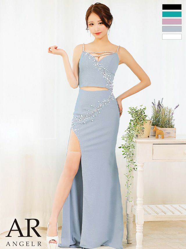 キャバドレス ロングドレス [Angel-R/エンジェルアール] 高級キャミソールパールビジューデコルテコードセットアップアシンメトリービジュースリットタイトロングドレス