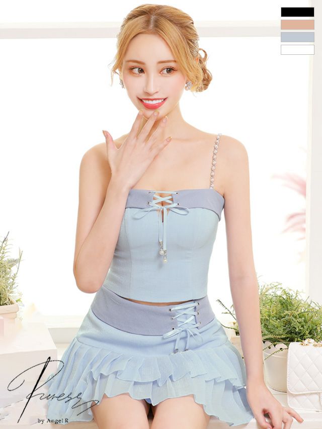 キャバドレス ミニドレス　[PURESS/ピュアレス] 高級フロントクロスリボンパールショルダーレースアップセットアップティアードスカートフレアミニドレス