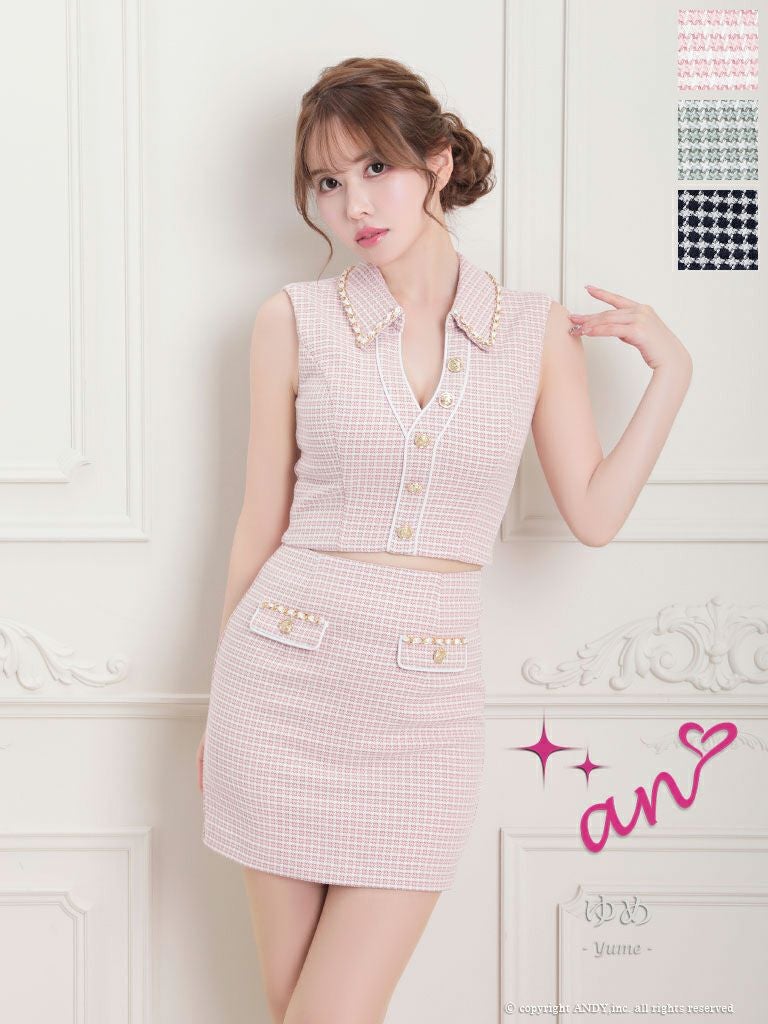 キャバドレス ミニドレス an/アン 高級ノースリーブ襟デザインチェック柄セットアップポケットデザインゴールドボタンタイトミニドレス