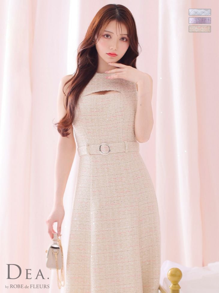 キャバドレス ロングドレス DEA.byROBEdeFLEURS/ディアバイローブドフルール 高級ノースリーブバストカットウエストベルトチェック柄ツイードフレアロングドレス