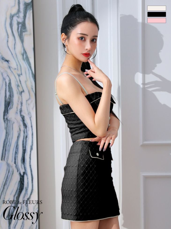 キャバドレス ブランドドレス ROBEdeFLEURSGlossy/ローブドフルールグロッシー 高級キャミソールラメニットセットアップ襟デザインポケットボタンデザインバイカラータイトミニドレス