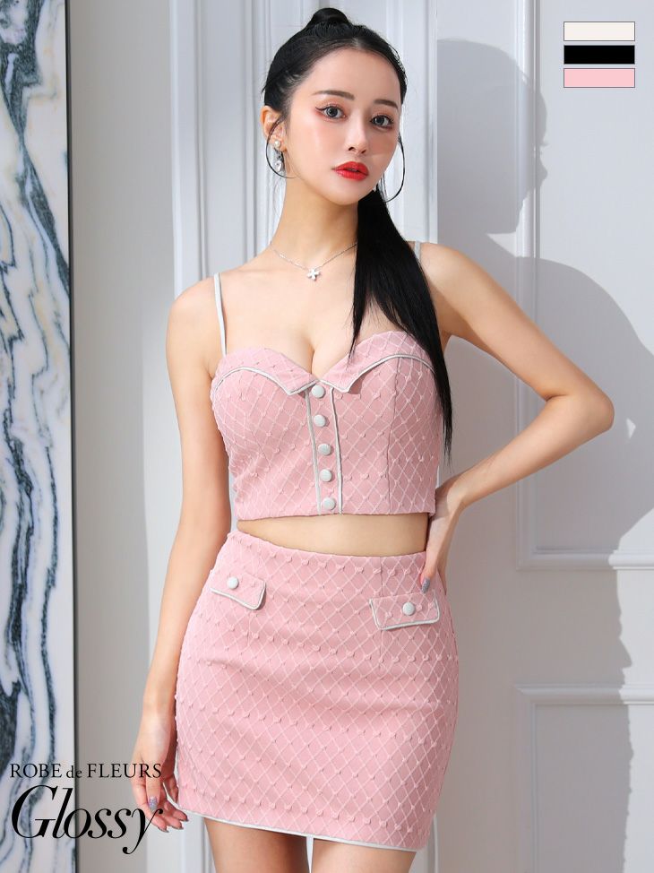 キャバドレス セットアップドレス ROBEdeFLEURSGlossy ローブドフルールグロッシー 高級キャミソールラメニットセットアップポケットデザインタイトミニドレス