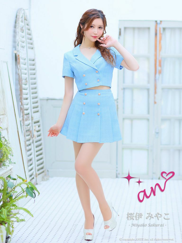 キャバドレス ミニドレス an アン 高級ツイード襟デザイン半袖セットアッププリーツフレアミニドレス