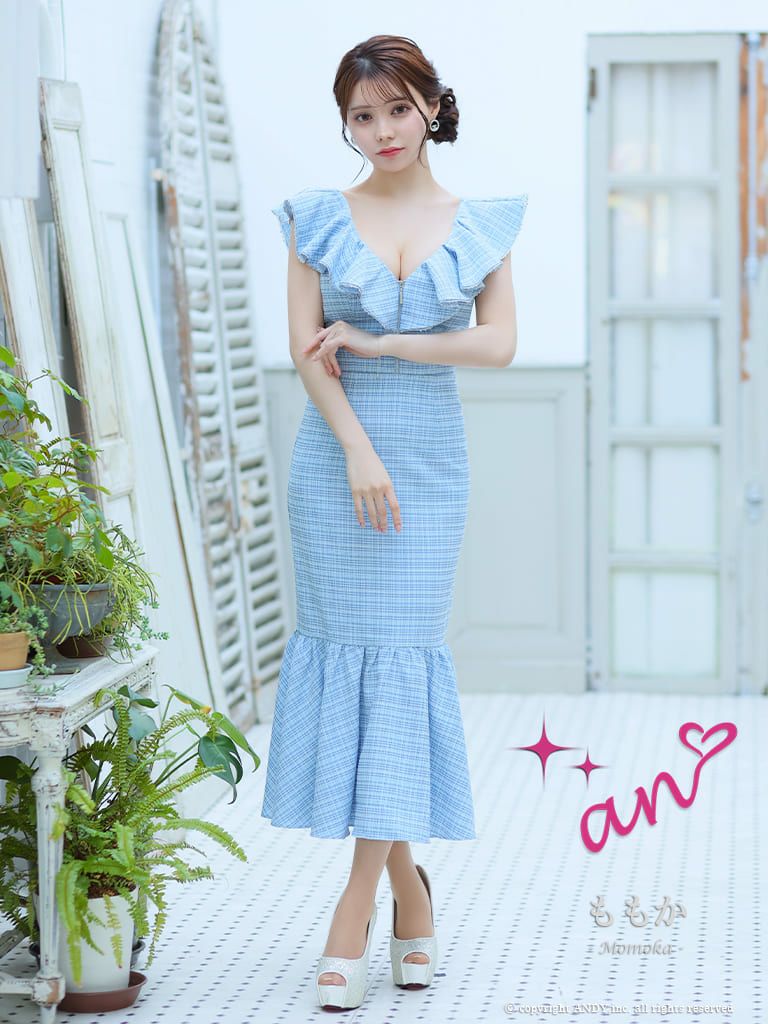 キャバドレス ロングドレス an アン 高級チェック柄フロントジップ胸元フリルノースリーブマーメイドロングドレス