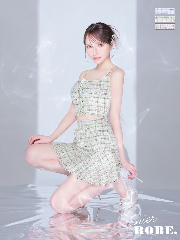 キャバドレス ジップドレス anier.ROBE アニエルローブ 高級ツイードチェック柄キャミソールジップセットアップフレアミニドレス