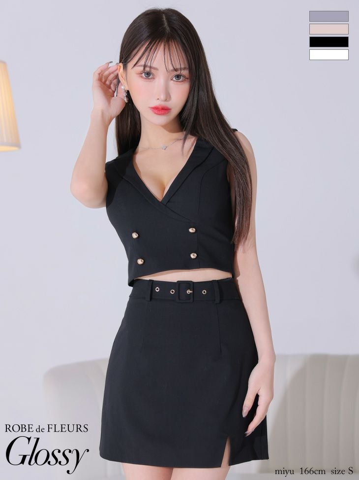 キャバドレス セットアップ ROBEdeFLEURSGlossy/ローブドフルールグロッシー 高級ウエストベルト襟デザインワンカラーノースリーブボタンセットアップタイトミニドレス