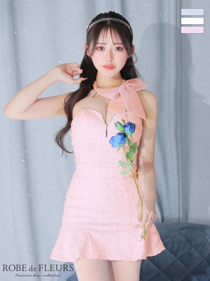 キャバドレス セットアップ ROBEdeFLEURS/ローブドフルール 高級ネックリボンジップホルターネックスパンコールワンカラー裾フリルセットアップタイトミニドレス