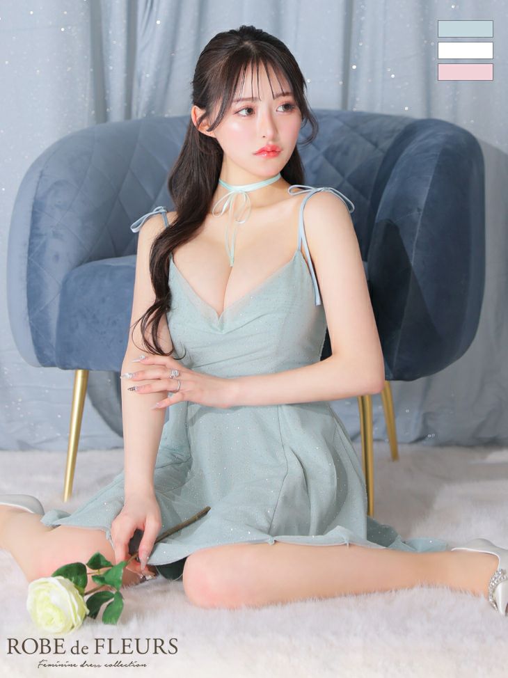 キャバドレス ブランド ROBEdeFLEURS ローブドフルール 高級ツイードチュールキャミソールショルダーリボンワンカラーフレアミニドレス