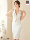 キャバドレス 上品 Veautt ヴュート 高級ジップワンカラーホルターネック襟デザインジップ膝丈ドレス