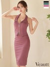 キャバドレス 小さいサイズ Veautt ヴュート 高級ジップワンカラーホルターネック襟デザインジップ膝丈ドレス