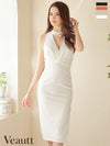 キャバドレス ブランド Veautt ヴュート 高級ノースリーブネックビジューチェーンバストカットジップスリットタイト膝丈ドレス
