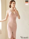 キャバドレス セクシー Veautt ヴュート 高級バックヌーディークロスパールプアメリカンスリーブフロントジッスリットタイト膝丈ドレス