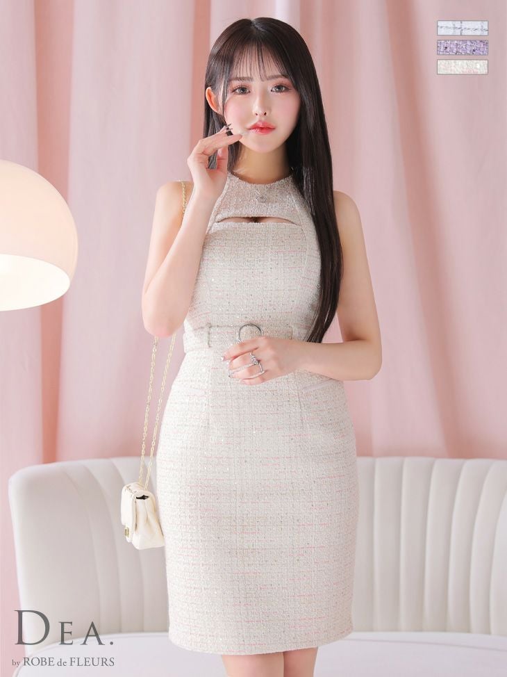 キャバドレス ワンピース DEA.byROBEdeFLEURS ディアバイローブドフルール 高級ツイードバストカットウエストベルトノースリーブタイト膝丈ドレス