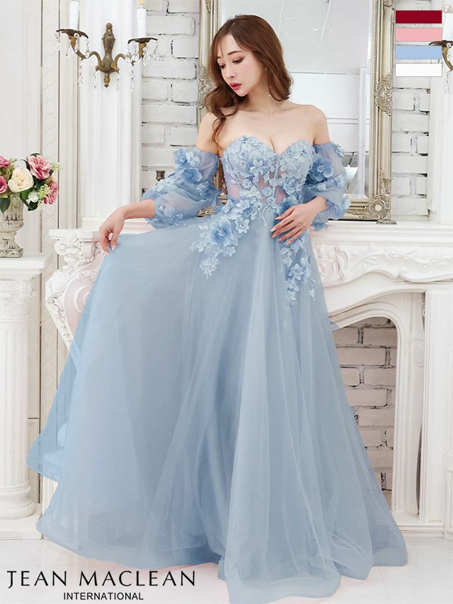 キャバドレス ブランド JEANMACLEAN/ジャンマクレーン] 高級パフスリーブ付きフラワーモチーフベアトップくびれ袖ありチュールフレアバースデーAラインロングドレス