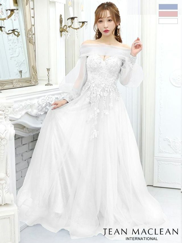 キャバドレス イベント JEANMACLEAN ジャンマクレーン 高級パフスリーブ付きフラワーモチーフベアトップくびれ袖ありチュールフレアバースデーAラインロングドレス