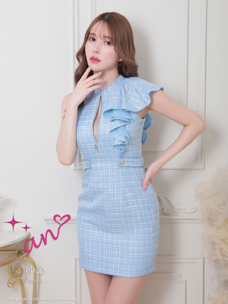 キャバドレス an アン 高級 チェック柄 ジップデザイン フリルショルダー ノースリーブ タイトミニドレス