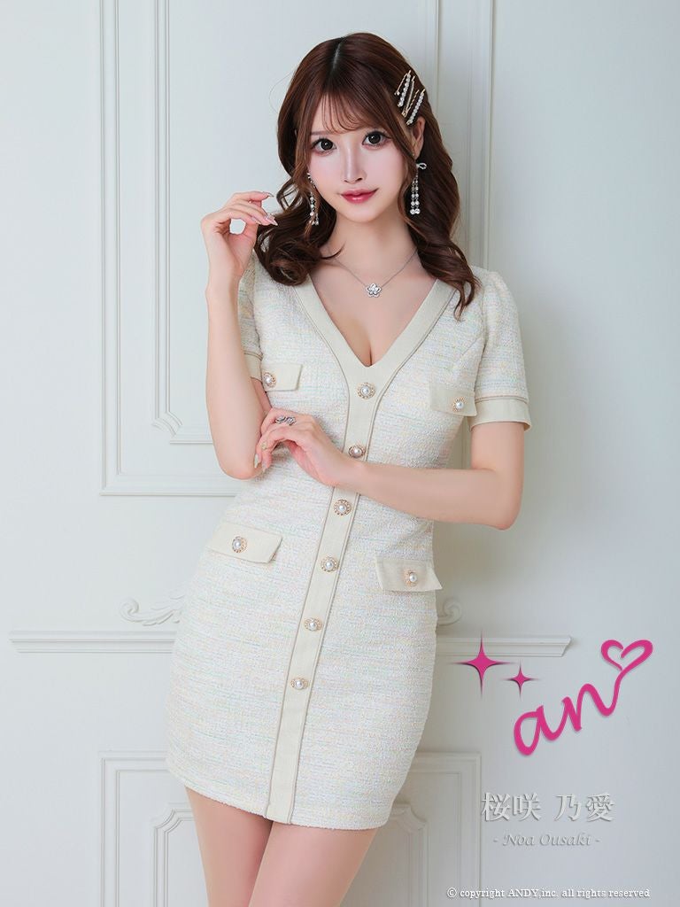 キャバドレス Andy アンディ 高級ガーリーツイードフロントボタン半袖タイトミニドレス