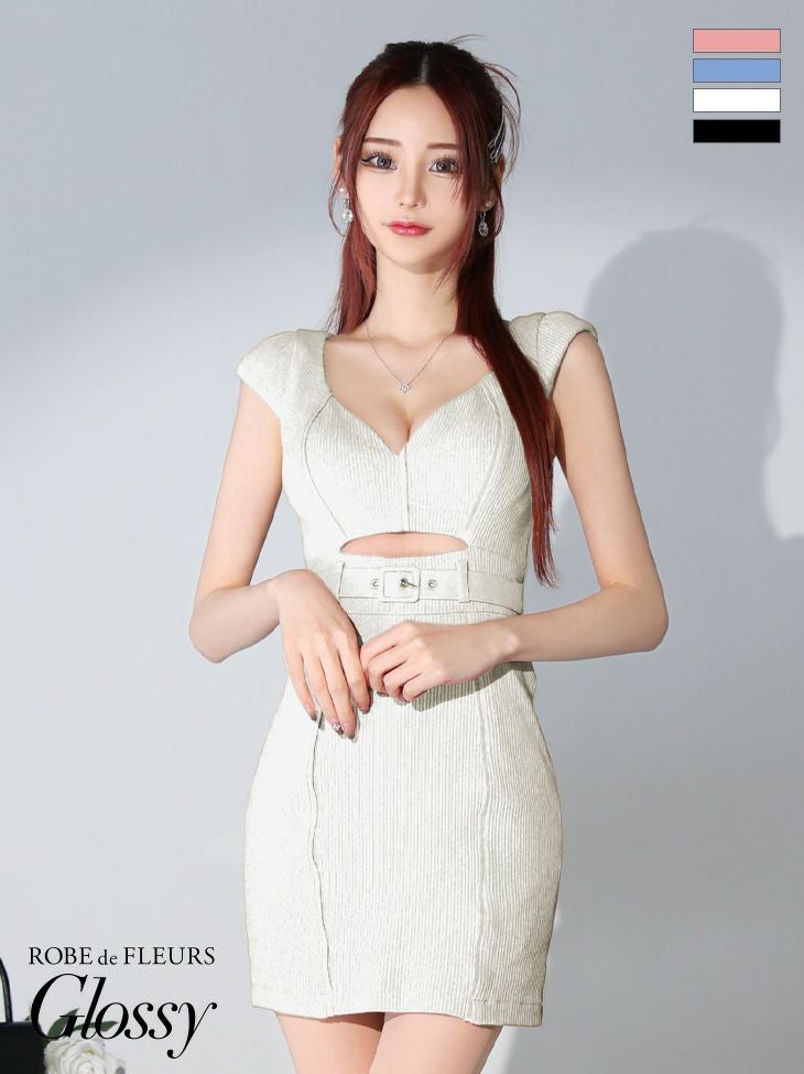 キャバドレス ミニドレス ROBEdeFLEURSGlossy ローブドフルールグロッシー 高級半袖ウエストベルトワンカラーリブニットウエストカットタイトミニドレス