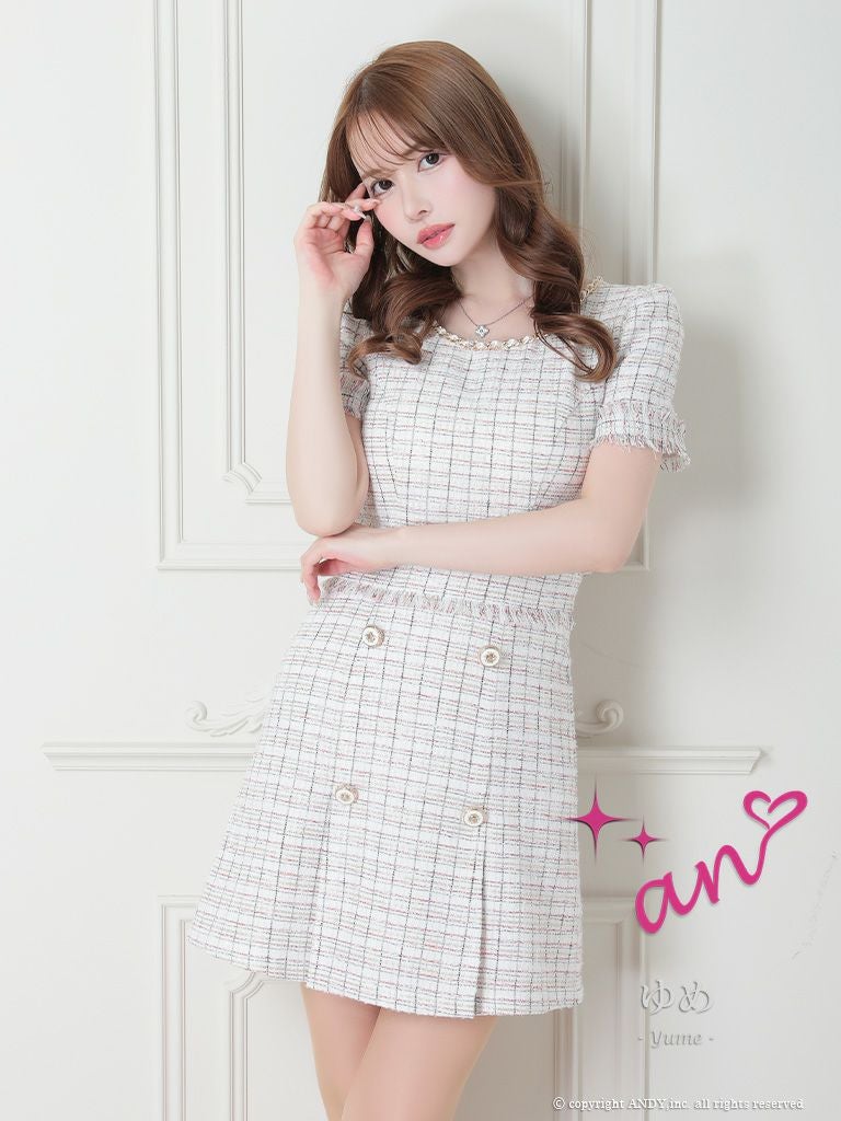 キャバドレス Andy アンディ 高級クラシカルガーリーチェック柄ツイード半袖フレアミニドレス