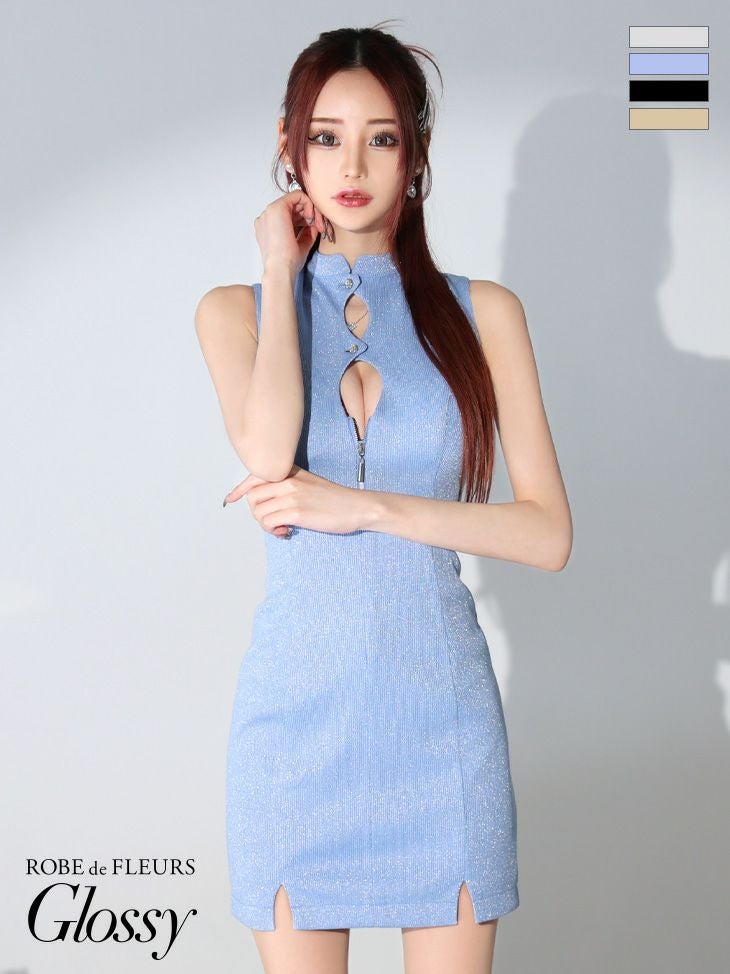 キャバドレス ミニドレス ROBEdeFLEURSGlossy ローブドフルールグロッシー 高級ノースリーブジップラメニットワンカラーストレッチボタンタイトミニドレス