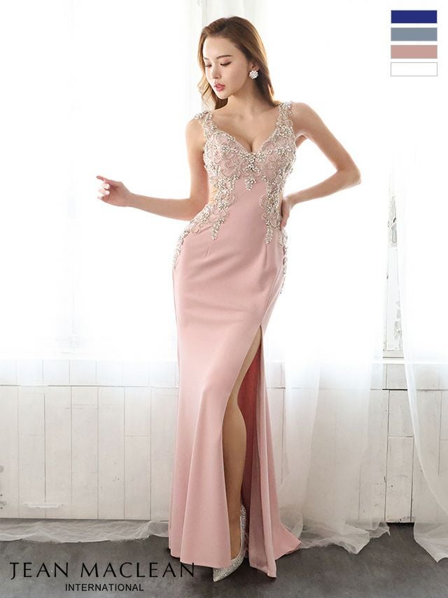 キャバドレス ミニドレス JEANMACLEAN ジャンマクレーン 高級ゴージャスフラワービジューノースリーブスリットバックレースアップワンカラータイトロングドレス