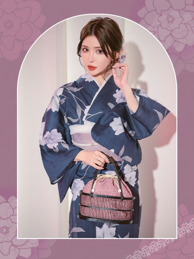 浴衣] 水彩百合柄 大人っぽい 妖艶 モダン 紺色 ネイビー ブルベ 2点