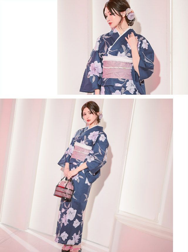 Tika 浴衣　百合柄　水色　ニュアンス 浴衣] 水彩百合柄 大人っぽい 妖艶 モダン 紺色 ネイビー ブルベ 2点