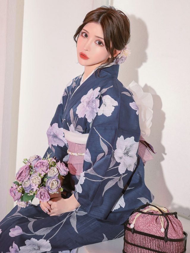 浴衣] 水彩百合柄 大人っぽい 妖艶 モダン 紺色 ネイビー ブルベ 2点