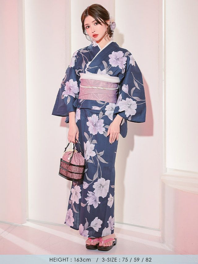 浴衣] 水彩百合柄 大人っぽい 妖艶 モダン 紺色 ネイビー ブルベ 2点