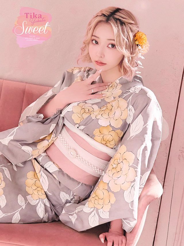 [浴衣 選べる帯] SWEET グレー地×イエロー牡丹 3点セット (ゆかた・平帯or作り帯・下駄)