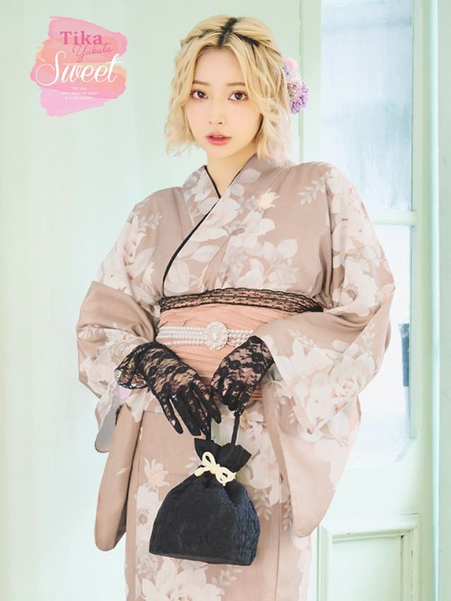 [浴衣] SWEET ローズベージュ×アンティークフラワー 3点セット (ゆかた・兵児帯・下駄)