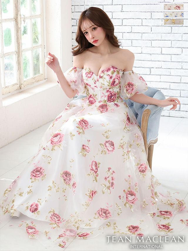 キャバドレス ミニドレス JEANMACLEAN ジャンマクレーン 高級パフスリーブオフショルダーキラキラストーンフラワーバースデー Aラインロングドレス