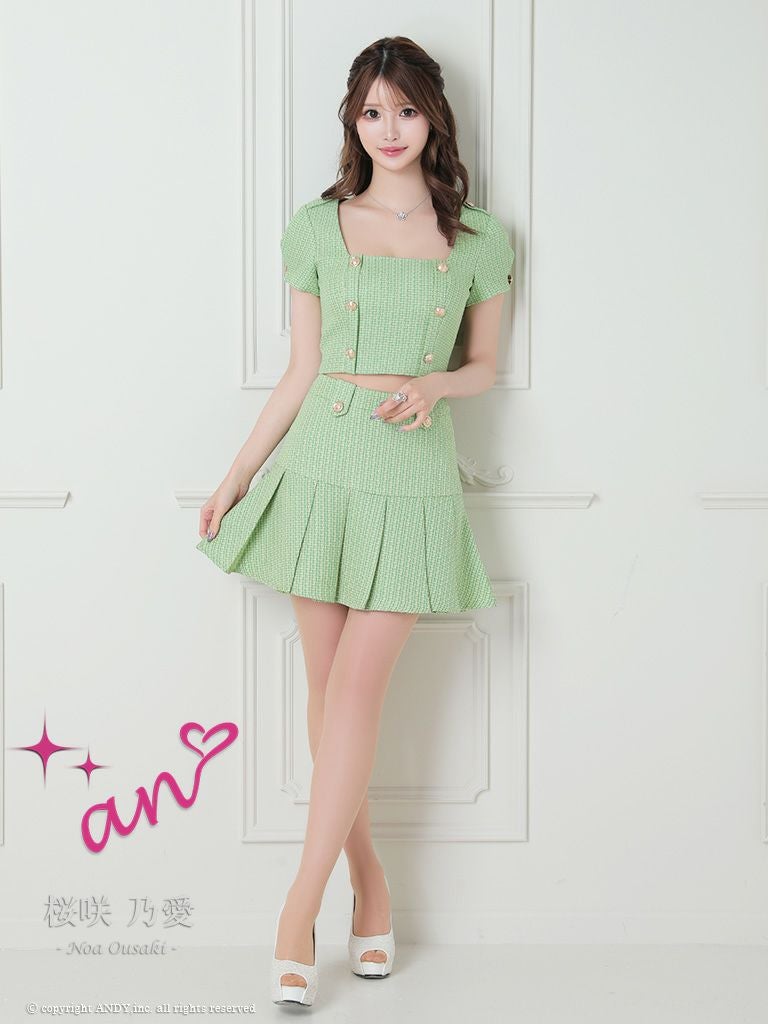 キャバドレス セットアアップ an アン 高級ツイード半袖パフスリーブセットアップフレアミニドレス