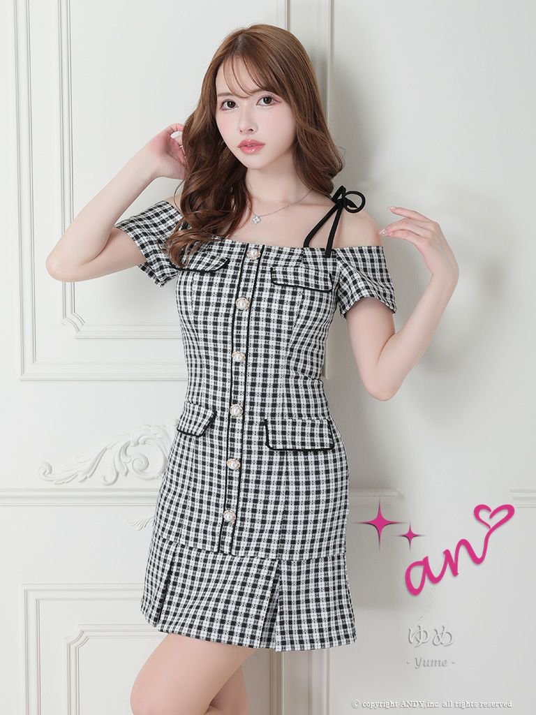 キャバドレス Andy アンディ 高級オフショルダー肩あきチェック柄半袖フレアミニドレス